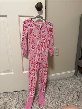 Posh Peanut Pink and Red Heart Print Footed Pajamas